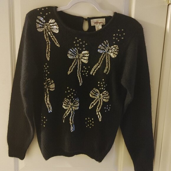 Vintage Worthington- Black Silk Blend-Sequin Bows-Sweater - Picture 1 of 11